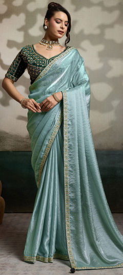 Green color Readymade Saree in Satin fabric with Bugle Beads, Cut Dana, Embroidered, Lace, Sequence, Zari work