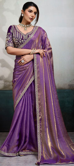 Purple and Violet color Readymade Saree in Satin fabric with Bugle Beads, Cut Dana, Embroidered, Lace, Sequence, Zari work