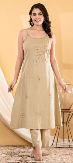 Beige and Brown color Salwar Kameez in Cotton Flex fabric with Embroidered, Mirror, Resham work