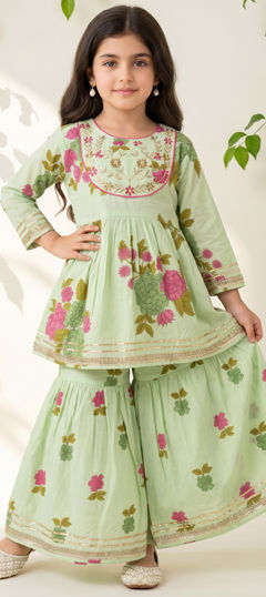 Green color Girls Top with Bottom in Cotton fabric with Embroidered, Floral, Gota Patti, Printed work