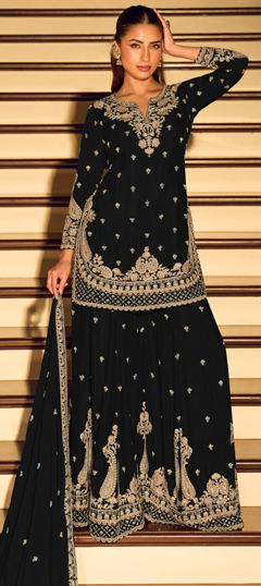 Black and Grey color Salwar Kameez in Chinon Silk fabric with Embroidered work