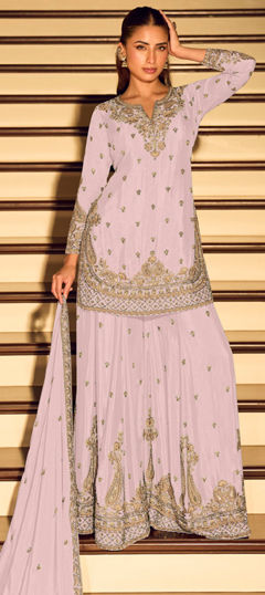 Purple and Violet color Salwar Kameez in Chinon Silk fabric with Embroidered work
