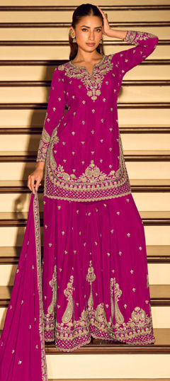 Pink and Majenta color Salwar Kameez in Chinon Silk fabric with Embroidered work