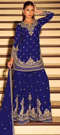 Blue color Salwar Kameez in Chinon Silk fabric with Embroidered work