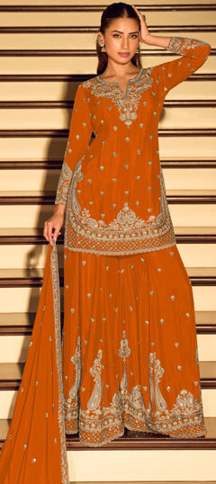 Orange color Salwar Kameez in Chinon Silk fabric with Embroidered work
