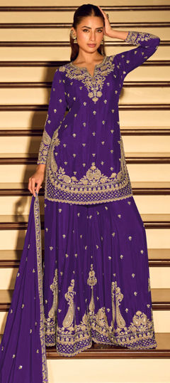 Purple and Violet color Salwar Kameez in Chinon Silk fabric with Embroidered work