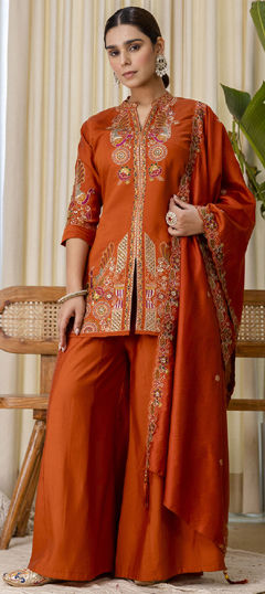 Beige and Brown color Salwar Kameez in Silk fabric with Embroidered work