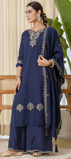 Blue color Salwar Kameez in Silk fabric with Embroidered work