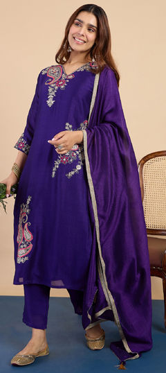 Purple and Violet color Salwar Kameez in Silk fabric with Embroidered work