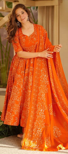 Orange color Salwar Kameez in Muslin fabric with Digital Print work