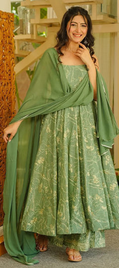 Green color Salwar Kameez in Muslin fabric with Digital Print work