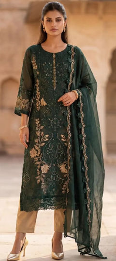 Green color Salwar Kameez in Crushed Silk fabric with Embroidered, Sequence, Zari work