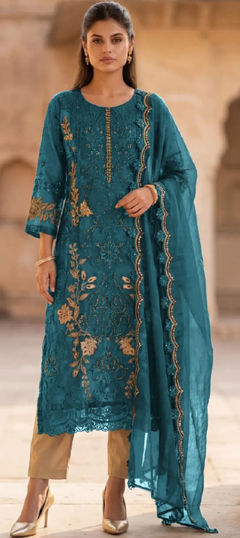 Blue color Salwar Kameez in Crushed Silk fabric with Embroidered, Sequence, Zari work