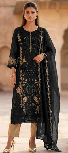 Black and Grey color Salwar Kameez in Crushed Silk fabric with Embroidered, Sequence, Zari work