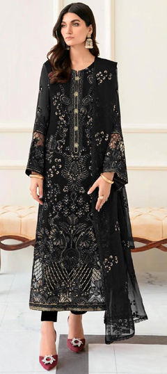 Black and Grey color Salwar Kameez in Faux Georgette fabric with Embroidered, Sequence, Thread, Zari work
