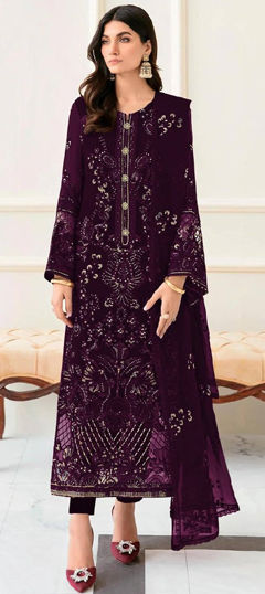 Purple and Violet color Salwar Kameez in Faux Georgette fabric with Embroidered, Sequence, Thread, Zari work