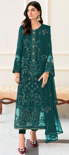 Blue color Salwar Kameez in Faux Georgette fabric with Embroidered, Sequence, Thread, Zari work