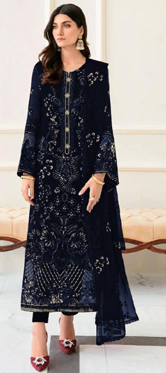 Blue color Salwar Kameez in Faux Georgette fabric with Embroidered, Sequence, Thread, Zari work