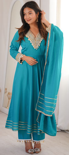 Blue color Salwar Kameez in Roman Silk fabric with Embroidered work