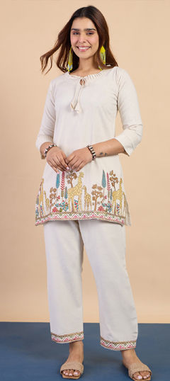 White and Off White color Salwar Kameez in Blended Cotton fabric with Embroidered work