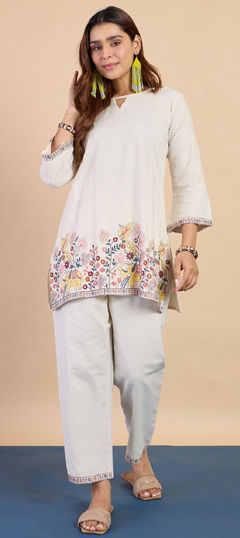 White and Off White color Salwar Kameez in Blended Cotton fabric with Embroidered work