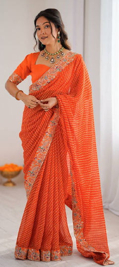 Orange color Saree in Faux Georgette fabric with Border, Embroidered, Lehariya, Sequence work