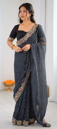 Black and Grey color Saree in Faux Georgette fabric with Border, Embroidered, Lehariya, Sequence work