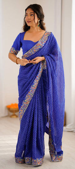 Blue color Saree in Faux Georgette fabric with Border, Embroidered, Lehariya, Sequence work