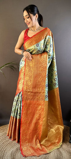 Green color Saree in Tissue fabric with Weaving work