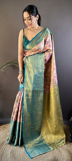 Pink and Majenta color Saree in Tissue fabric with Weaving work