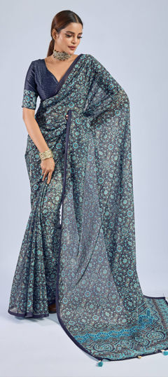 Blue color Saree in Chiffon fabric with Printed, Sequence work