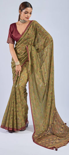 Yellow color Saree in Chiffon fabric with Printed, Sequence work