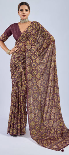 Red and Maroon color Saree in Chiffon fabric with Printed, Sequence work