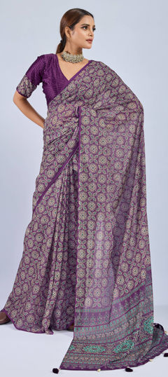 Purple and Violet color Saree in Chiffon fabric with Printed, Sequence work