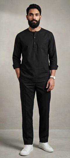 Black and Grey color Kurta Pyjamas in Cotton fabric with Embroidered work
