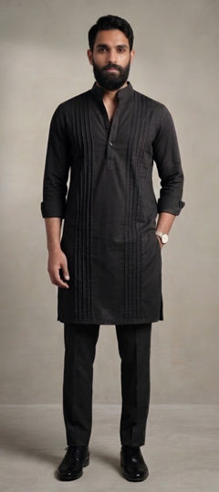 Black and Grey color Kurta Pyjamas in Cotton fabric with Embroidered work