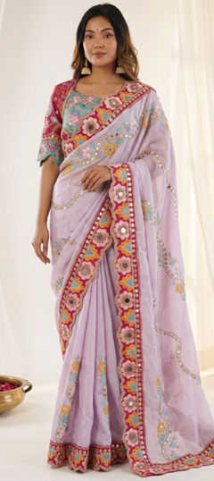 Purple and Violet color Readymade Saree in Silk fabric with Embroidered, Mirror, Sequence work