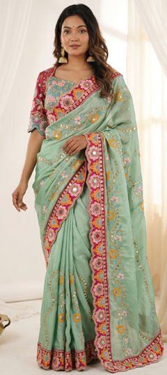 Green color Readymade Saree in Silk fabric with Embroidered, Mirror, Sequence work