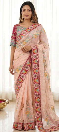 Pink and Majenta color Readymade Saree in Silk fabric with Embroidered, Mirror, Sequence work