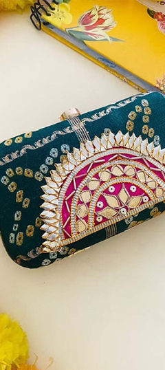 Blue color Clutches in Cotton fabric with Bandhej, Gota Patti, Printed work