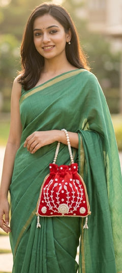Red and Maroon color Potli in Art Silk fabric with Moti work
