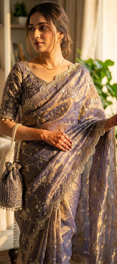 Purple and Violet color Readymade Saree in Tissue fabric with Embroidered, Sequence work