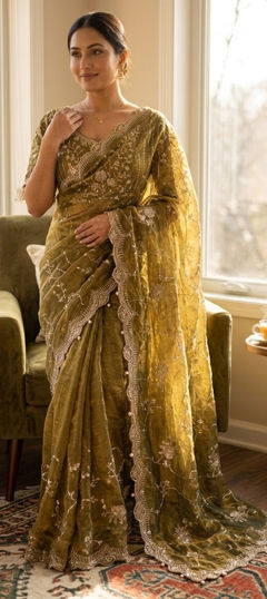 Green color Readymade Saree in Tissue fabric with Embroidered, Sequence work