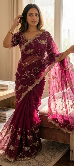 Purple and Violet color Readymade Saree in Tissue fabric with Embroidered, Sequence work
