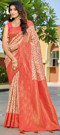 White and Off White color Saree in Banarasi Silk fabric with Weaving, Zari work