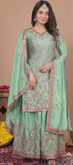 Green color Salwar Kameez in Chinon Silk fabric with Embroidered, Sequence work