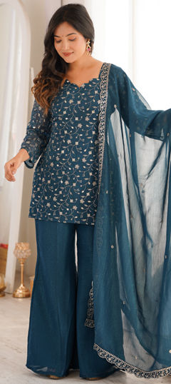 Blue color Salwar Kameez in Crushed Silk fabric with Embroidered, Sequence, Zari work