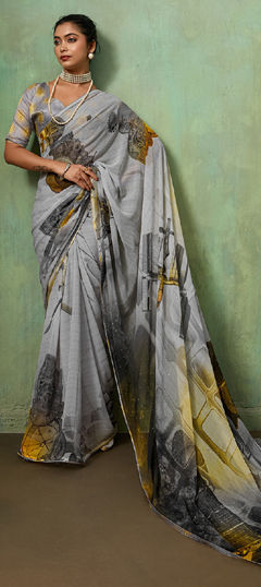 Black and Grey color Saree in Georgette fabric with Printed work