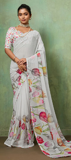 White and Off White color Saree in Georgette fabric with Printed work