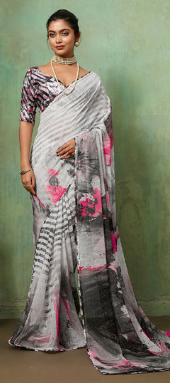 Black and Grey color Saree in Georgette fabric with Printed work